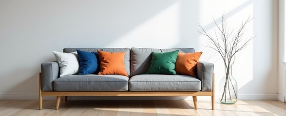 Grey sofa with colorful pillows in a sunlit living room. Minimalist home interior design.