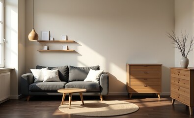 Modern minimalist living room interior with gray sofa, wooden furniture, and natural light.