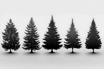 Obraz premium Group of evergreen tree silhouettes on a white background for design