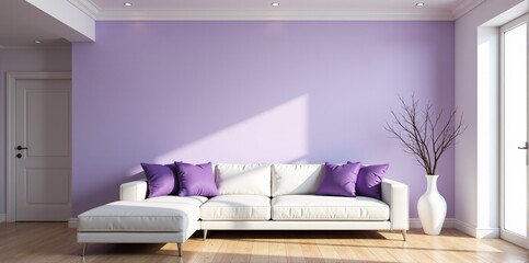 Bright living room interior with white sofa and lavender walls. Perfect for relaxation and calm atmosphere.