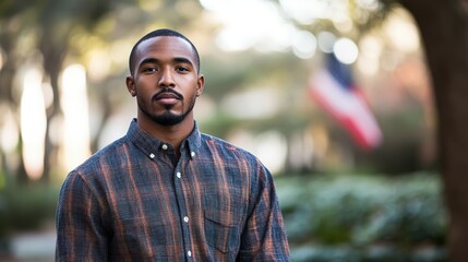 Fototapeta premium Confident Man Portrait Outdoors. Black Man in Casual Shirt, American Flag Backdrop