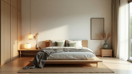 A Japandi bedroom blends Japanese calm and Nordic simplicity. A low wooden bed sits serenely with neutral bedding, botanical art, pampas grass, warm wood tones, natural light, and a cozy patio view.