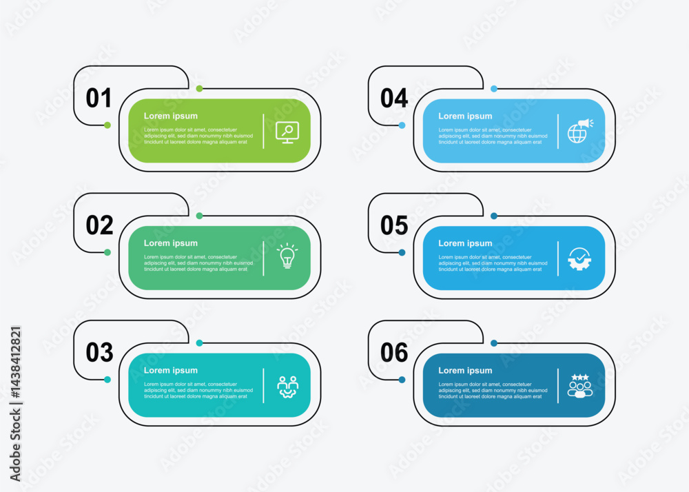 Poster 6 step infographic template. 6 information board neatly arranged suitable for business information and web presentation.