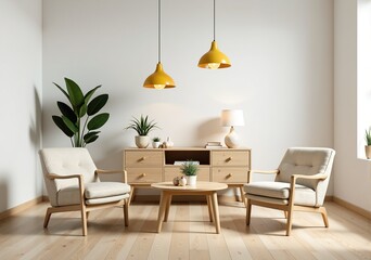 Modern minimalist living room interior with wooden furniture and yellow pendant lamps.