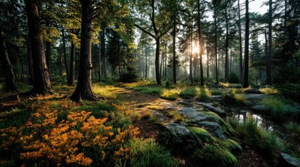 Obraz premium Czech forest edge with young trees and sunlit undergrowth in golden light