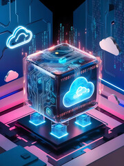Stylized clouds and digital elements represent cloud computing, data storage, and connectivity..eps