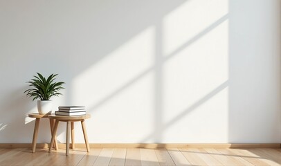 Minimalist interior design with wooden side tables, books, and a potted plant. Sunlight casts shadows on a white wall.