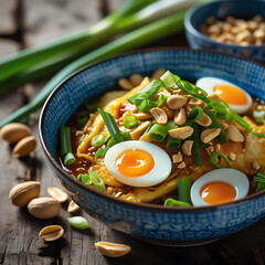 Soft-boiled eggs, peanuts, and scallions enhance aromatic noodle dish 