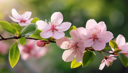 Obraz premium delicate pink flowers with green leaves on a branch in nature