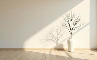 Minimalist interior design with sunlight and shadows. Empty room with white vase and branchy tree.