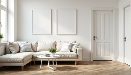 Bright and airy living room interior with beige sectional sofa, coffee table, and two empty frames.