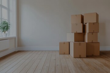 Stacked Cardboard Boxes in Minimalist Room with Wooden Floor