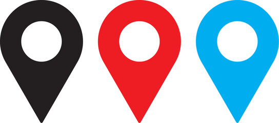 Location Black, Red, Blue icon vector. Red map pin icon. Location pin symbol. Flat Vector illustration