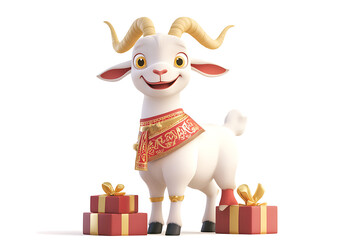 Cheerful cartoon goat character standing beside colorful gift boxes, festive atmosphere