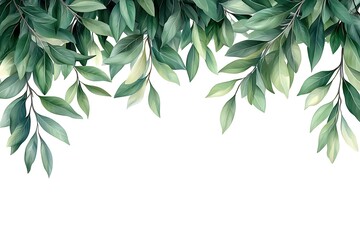 Watercolor green leaves border isolated fresh foliage botanical illustration nature background