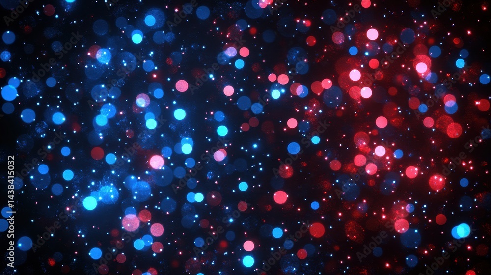 Poster abstract vibrant glowing particles in blue and red. a dynamic blend of colorful bokeh effect on dark