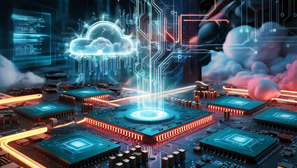 Cloud Computing Visualized with Clouds and Tech Icons for Data Storage and Online Services 