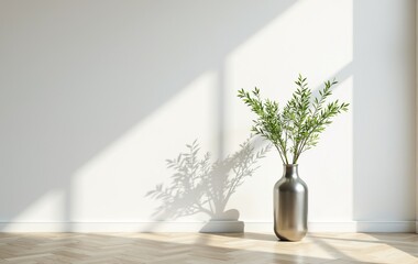 Minimalist interior design with a silver vase and green plant against a white wall.