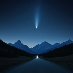 Night Sky with Comet Over Mountains and Empty Road Under Stars