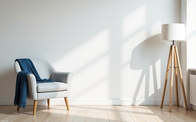 Minimalist living room interior with armchair, floor lamp, and sunlight streaming through window.