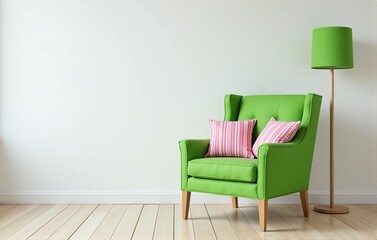 Stylish green armchair with pink pillows in a bright living room interior. Perfect for home decor and design projects.