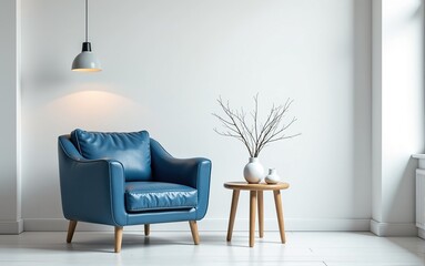 Stylish blue armchair in a minimalist living room with a wooden side table and dried branches in white vases. Perfect for interior design and home decor blogs.