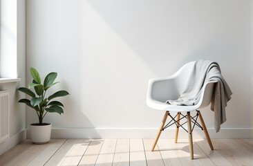 Bright and airy minimalist interior with a white chair, grey blanket, and green plant. Perfect for showcasing interior design, home decor or real estate.