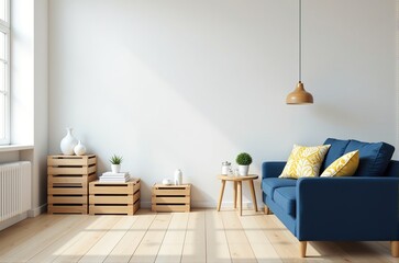 Bright living room interior with blue sofa, wooden crates, and sunlight.