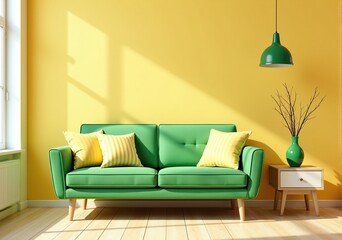 Sunny living room with green couch and yellow walls.  Modern minimalist interior design.