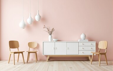 Modern living room interior with white cabinet, wooden chairs, and pink wall. Perfect for home decor blogs or magazines.