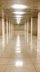 Naklejka premium A bright tunnel, with beige tiles on the floor, walls, and ceiling creating a clean, illuminated path