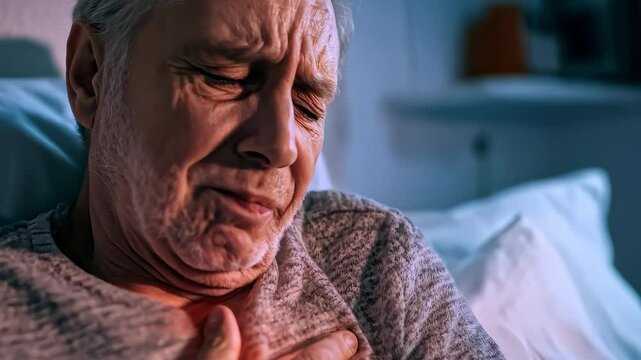 Elderly man lying in bed clutching his chest in pain