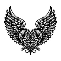 Obraz premium Heart shape with wing sketch engraving black and white outline. Scratch board imitation. illustrated in vintage line art style on a white background.