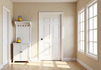 Bright and airy hallway interior with white cabinet, door, and windows. Sunlight streams through the windows.