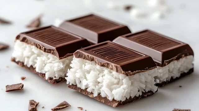 Close-up of a freshly opened Bounty chocolate bar, revealing its creamy coconut filling. The chocolate bar is placed on a clean,white background with space for text. Ideal for food-related banners 