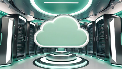 Modern Data Center Cloud Computing Infrastructure with Server Racks and Network Equipment