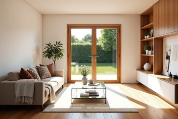 Bright and airy modern living room with garden view. Beige couch with throw pillows, coffee table, and wooden bookshelf.