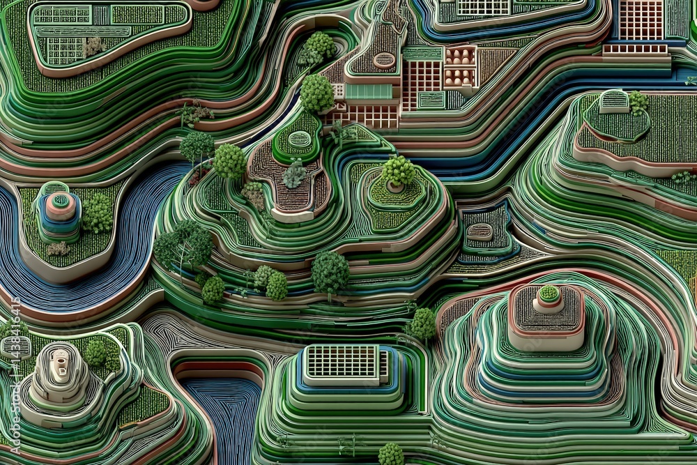 Poster abstract line art depicting layered landscapes with various patterns and textures.