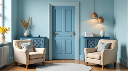 Fototapeta premium Stylish and cozy living room interior with beige armchairs, blue cabinets, and pendant lamps. Perfect for home decor and interior design projects.