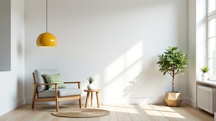Bright and airy minimalist living room interior with a wooden chair, potted plant, and sunlight streaming through a window.