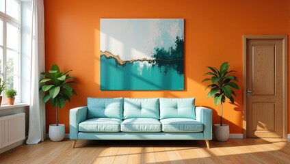 Bright living room interior with teal sofa, orange walls, and abstract art.