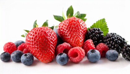 Obraz premium fresh sweet berries on the white background ripe juicy strawberry raspberry blueberry blackberry
