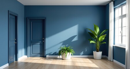 Bright and airy minimalist room interior with blue walls, hardwood floors, and potted plants. Ideal for showcasing home decor or real estate.