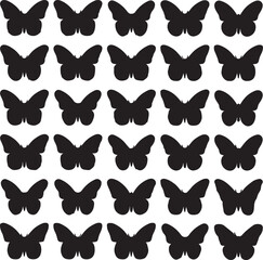 A collection of various black butterfly silhouettes in different flying and resting poses, arranged in rows on a white background