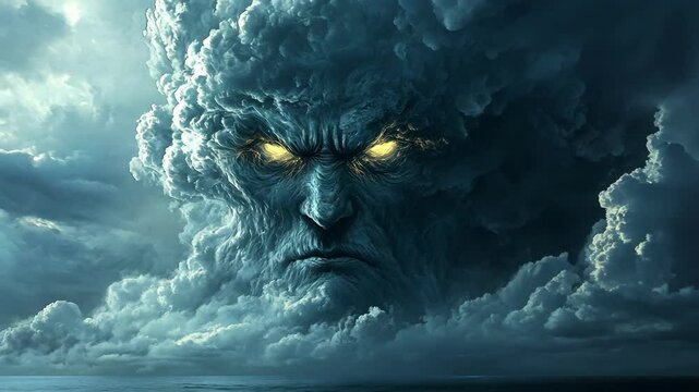 Dark stormy clouds form a menacing face with glowing yellow eyes during lightning storm. 4K video
