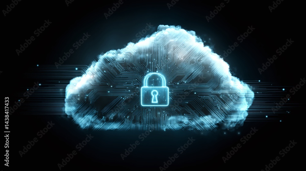 Poster secure cloud: an ethereal depiction of a data cloud, securely locked with a digital padlock, represe