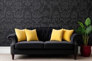 Modern black sofa with yellow pillows against floral wallpaper with wooden flooring and decorative interior plant in high contrast upscale living room stock photo