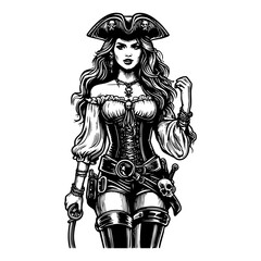 Fototapeta premium Pirate woman sketch engraving black and white outline. Scratch board imitation. illustrated in vintage line art style on a white background.