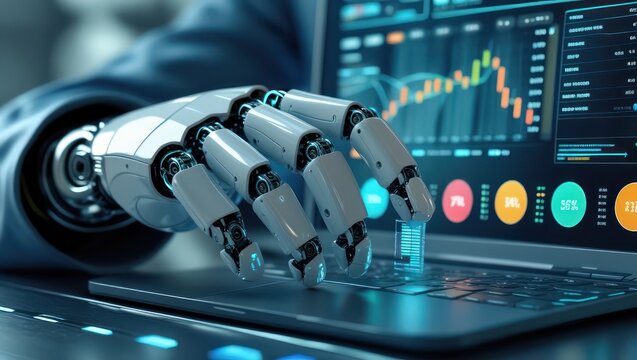 Ai robot hand trading stock market with laptop automation technology digital finance investment analysis