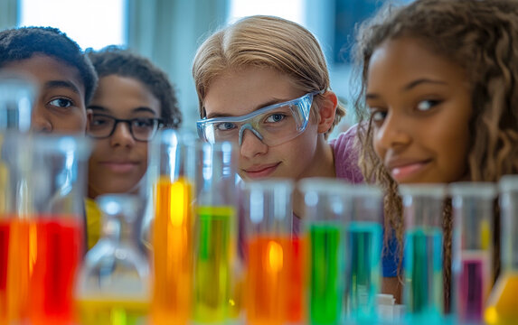 A group of teenagers collaborating on a science project in a school lab, surrounded by colorful beakers and test tubes. Realistic reflections and HDR details enhance the lively, educational atmosphere